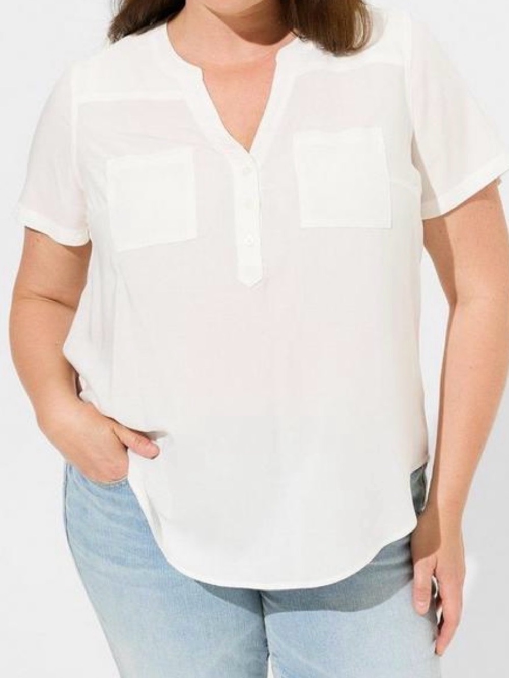 torrid White Harper Short Sleeve V-Neck Pocket Blouse